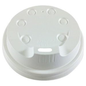 White plastic Writer Breakroom 8oz cup lid with a domed top, a ring of raised circles, embossed CAUTION HOT wording and a rectangular sip opening