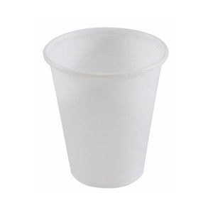 Writer Breakroom 200ml white plastic dispenser cup, tapered with a rolled lip and faint ridges moulded around the slightly translucent wall