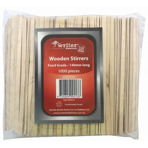 Clear bag of Writer Breakroom flat wooden coffee stirrers with a red label reading Wooden Stirrers, Food Grade, 140mm long, 1000 pieces