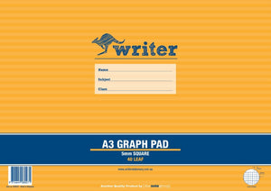 Landscape orange striped cover of the Writer A3 Graph Pad printed 5mm Square and 40 Leaf, with a name, subject and class panel