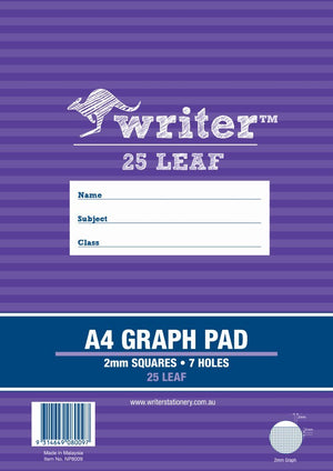 Purple striped cover of the Writer A4 Graph Pad printed 2mm Squares, 7 Holes and 25 Leaf, with name, subject and class lines and a barcode