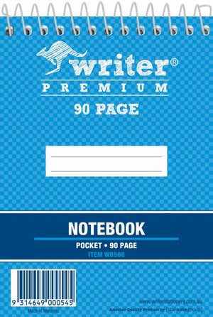 Writer Premium pocket notebook with a blue checked cover and wire spiral across the top, labelled notebook pocket 90 page item WB560 with barcode