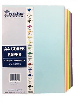 Writer Premium A4 cover paper ream wrapper showing 125gsm, 15 colours, 500 sheets and a column of coloured kangaroos naming each shade