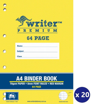 Yellow Writer Premium A4 binder book cover, 64 page, 70gsm paper, 8mm feint ruled and red margin, holes along the left side, a piano badge and an x 20 pack badge