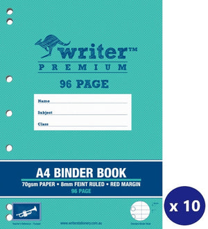 Teal Writer Premium A4 binder book cover marked 96 page, 70gsm paper, 8mm feint ruled, red margin, with holes on the left, a trumpet badge and an x 10 badge