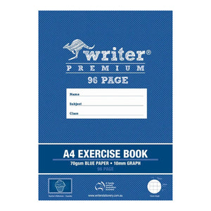 Dark blue Writer Premium A4 Exercise Book cover reading 96 page, 70gsm blue paper, 10mm graph, with a name panel and a cupcake teacher's reference icon