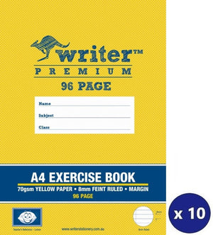 Yellow front cover of Writer Premium 96 page A4 exercise book EB6556 printed 70gsm Yellow Paper, 8mm Feint Ruled, Margin, with a lemon badge and an x 10 badge