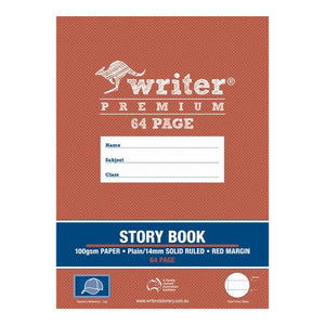 Terracotta Writer Premium 64 page story book cover with a navy band reading 100gsm paper, plain and 14mm solid ruled, red margin, and a cap teacher reference badge