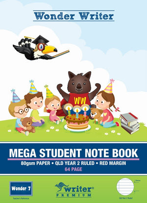 Current Wonder Writer EB6586 front cover with a wombat, children and a birthday cake, reading Mega Student Note Book, 80gsm paper, QLD Year 2 ruled, red margin, 64 page, Wonder 7