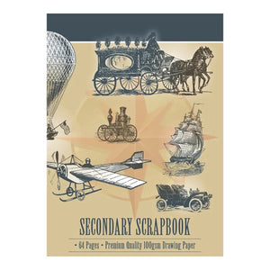 Secondary Scrapbook SB6415 front cover with sepia engravings of a horse drawn carriage, hot air balloon, sailing ship, aeroplane and vintage car, printed 64 Pages, 100gsm Drawing Paper