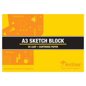 Landscape cover of the Writer A3 sketch block NP4046 in yellow and orange geometric shapes with a black band reading A3 Sketch Block, 25 Leaf, Cartridge Paper