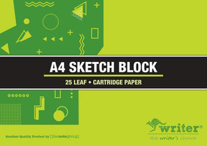 Landscape cover of the Writer A4 sketch block NP4045 in lime and green shapes with a black band reading A4 Sketch Block, 25 Leaf, Cartridge Paper