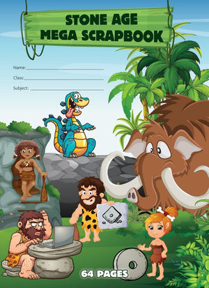 Stone Age Mega Scrapbook cover with a woolly mammoth, blue dinosaur and cave people, one using a laptop on a stone table, marked 64 pages