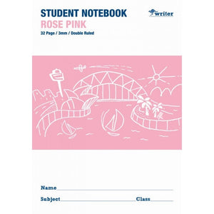 Front cover of a Writer rose pink student notebook printed 32 Page, 3mm, Double Ruled, with a Harbour Bridge drawing and name lines