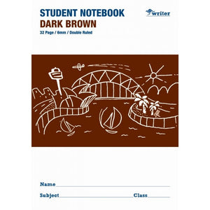 Writer dark brown student notebook cover printed 32 Page, 6mm, Double Ruled, with a white Opera House and bridge sketch