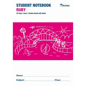 Writer ruby student notebook front printed 32 Page, 6mm, Double Ruled with Guide, above a white harbour sketch and name lines