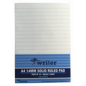 Single Writer A4 pad shown face on with blue solid lines and a blue wrapper band reading A4 14mm Solid Ruled Pad, Pack of 10, Ruled 2 Sides, 100 Sheets