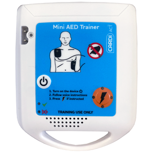 CARDIACT Mini AED Trainer showing compact lightweight AED training device for portable community and workplace defibrillation skills practice