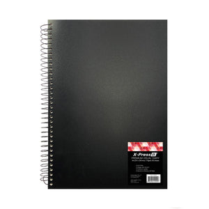 X-Press It Premium Visual Diary single wire A4 110gsm 60 sheets: black matte cover with a soft sheen, single wire spine and red and pink triangle label in the lower right corner