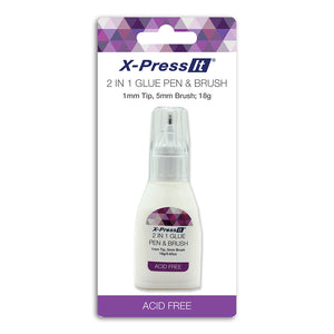 X-Press It 2 in 1 Glue Pen and Brush on its purple and white hanging card printed 1mm Tip, 5mm Brush, 18g