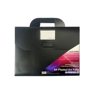X-Press It A4 Pleated Art Folio XPAFA4: black polypropylene folio with carry handle, clear name card window on the flap, closure tab and pink and purple label reading Acid Free Art Folio