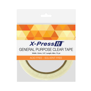 X-Press It General Purpose Clear Tape hang pack with orange band, 12mm wide by 66m long