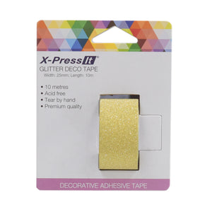 X-Press It Glitter Deco Tape gold on hanging card, 25mm x 10m, gold glitter roll visible