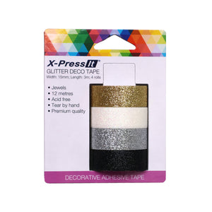 X-Press It Glitter Deco Tape Jewels card, four rolls gold, white, silver and black, 15mm x 3m, 12 metres