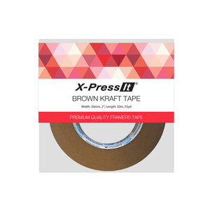 X-Press It Brown Kraft Tape pack, 50mm by 50m, with red framers tape band over a brown roll