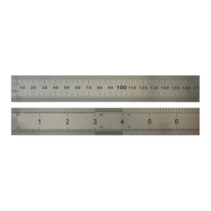 X-Press It steel ruler close-up: one strip with millimetre numbers 10 to 170 and a second strip with inch numbers 1 to 6