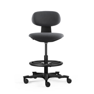 Front view of the Rapidline Yoyo drafting stool in dark grey fabric with a black drafting ring and black nylon 5 star base.