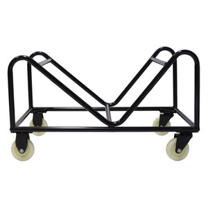 Rapidline Z chair stacking trolley in black powder coat, three quarter view showing the V shaped rails and castors.
