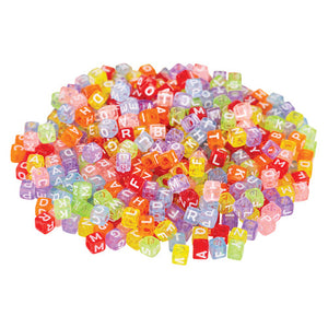 Zart Alphabet Cube Beads 100g pack showing assorted translucent coloured beads