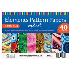 Zart Elements Pattern Papers A4 pack of 40 sheets fanned out showing mineral designs