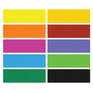 Ream of Prime bright assorted A4 copy paper in its wrapper, with sheets fanned beside it showing the ten bright colours in the pack.