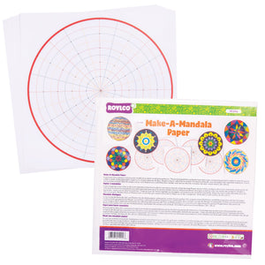 Roylco Make a Mandala paper pack shown with the printed guideline sheet visible, showing concentric rings and evenly spaced reference dots.