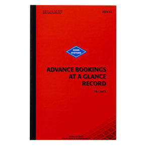 Red Zions Advance Bookings at a Glance Record cover with a black spine, Zions Systems diamond logo, code ADV30 and 30 lines printed on the front