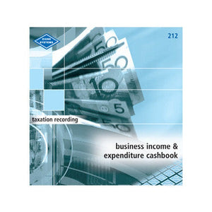 Square cover of the Zions No. 212 business income and expenditure cashbook, printed taxation recording over blue banknote artwork with the Zions Systems logo
