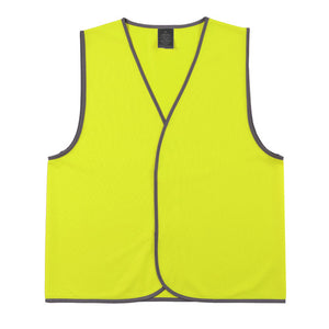 Fluoro yellow Zions hi vis vest laid flat on white with grey binding round the neck, armholes and hem, a dark label at the neck and a centre front closure