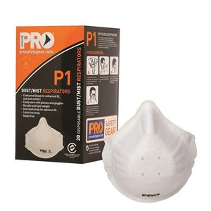Pro Choice P1 dust and mist respirator box of 20 for Zions PC301, orange and black, beside a white moulded cup mask with PRO printed on the front