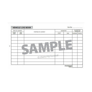 Vehicle Log Book sample page with a Car No. line and columns for journey dates, purpose of journey, odometer start and end and kilometres travelled