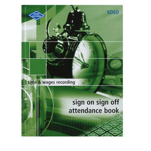 Green Zions SOSO sign on sign off attendance book cover with an alarm clock photo and time and wages recording printed on a white band