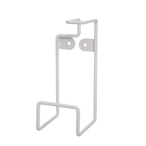 White wire wall bracket for a 1 litre sunscreen pump bottle with a top retaining loop, a U shaped base cradle and two rear fixing tabs with one hole each