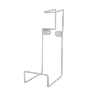 Tall white wire Zions wall bracket for a 2.5 litre sunscreen pump bottle with a narrow top loop, a wide open base foot and two rear tabs each with a fixing hole