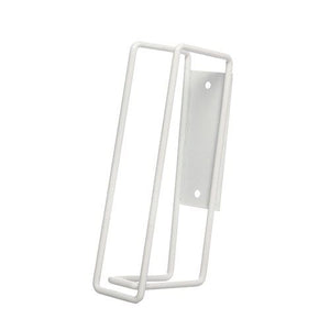 White Zions wall bracket for a 500ml sunscreen pump bottle with a flat back plate showing two fixing holes and a wire cage looping around the front