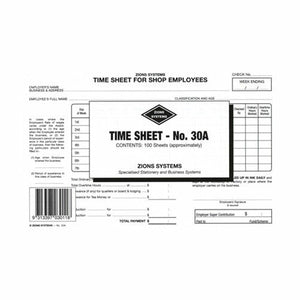 Zions No. 30A time sheet pack label reading contents 100 sheets approximately, laid over a Time Sheet for Shop Employees with a barcode printed at the lower left