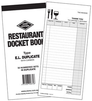 Zions Type E.L. duplicate restaurant docket book with a white cover reading with carbon, shown beside a tall docket with food, drinks and total lines