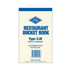 Cream cover of the Zions Type S.M restaurant docket book printed with 2 carbons and 50 numbered sets in duplicate in blue lettering