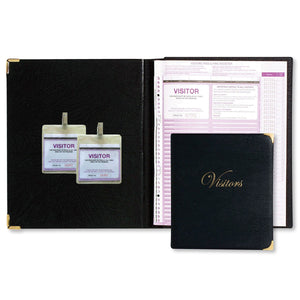 Zions visitors pass kit with an open black binder holding the pass register, two VISITOR passes in clear wallets with clips, and the closed binder with a gold Visitors title