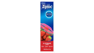 Ziploc Large Storage Bags box front, blue and red pack reading 12 STORAGE LARGE and 12 BAGS 26.8 cm x 27.3 cm, with BPA free, microwave safe and recycling icons